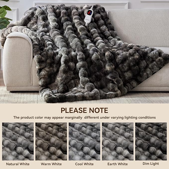 Heated Blanket Queen Size with 1/2/4/6/8 Hours Auto-Off 10 Heat Level, 72'' * 84'' Cozy Faux Rabbit Fur Bubble Electric Blanket with Overheat Protection(Tie-Dye Dark Grey)