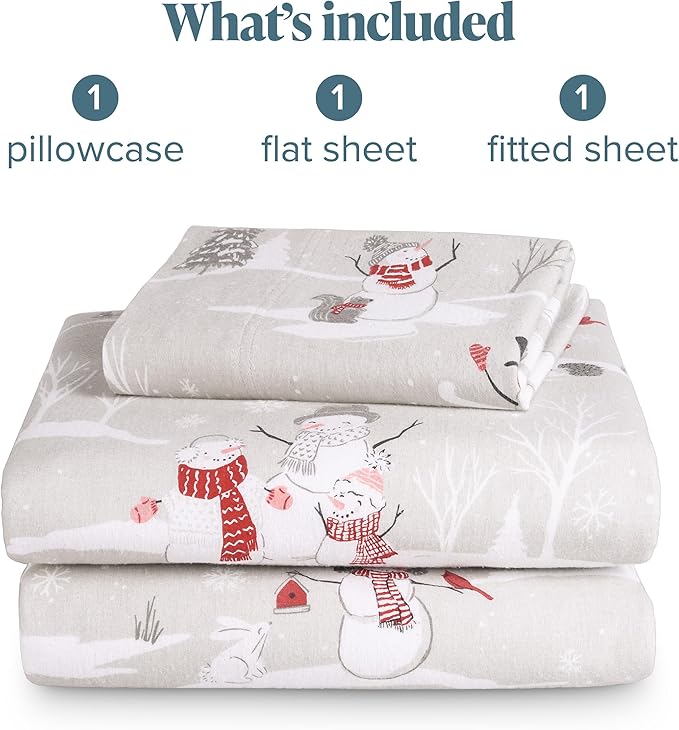 Bare Home Flannel Sheet Set Prints, 100% Cotton, Velvety Soft Heavyweight - Double Brushed Flannel for Extra Softness & Comfort - Deep Pocket - Bed Sheets (Twin XL, Snowmen)