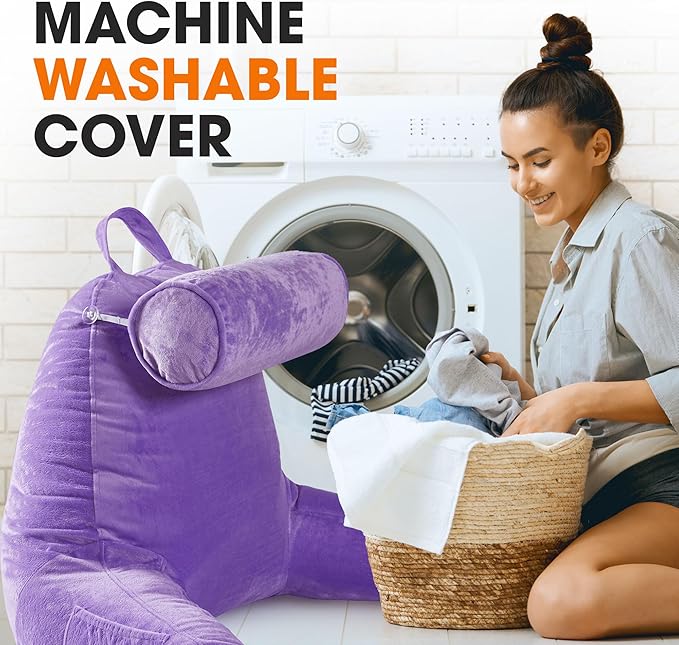 Cheer Collection Reading Pillow Chair - Chair Pillow with Arms and Detachable Neck Bolster for Bed & Couch - Machine Washable, Purple