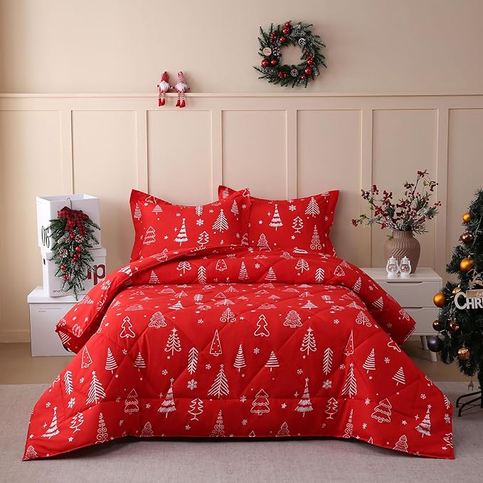 JSD Red Kids Christmas Comforter Set Twin Size, 2 Piece Xmas Tree Printed Microfiber Bedding Set, Machine Washable