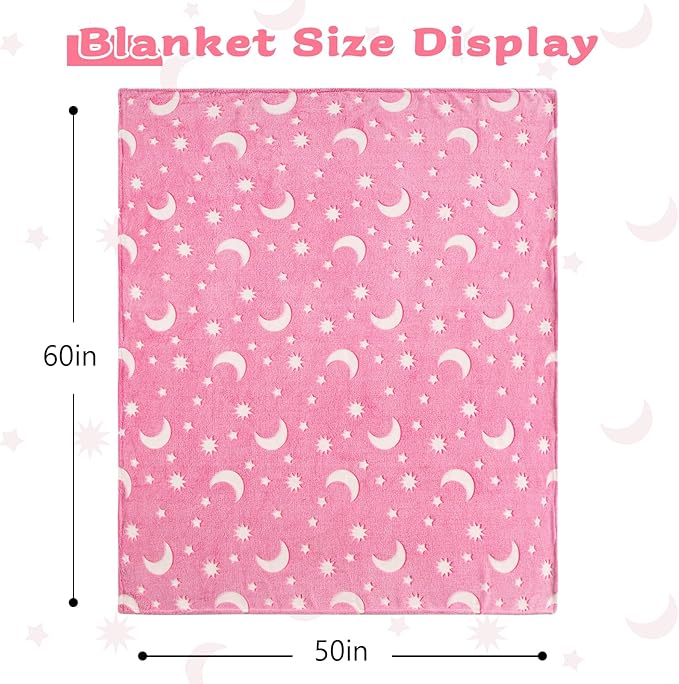 QSTEHEML Pink Moon Glow in The Dark Blanket,Star Gifts Toys for Kids Girls Birthday Christmas Bedroom Decor for Age 3-12 Years Old Toddler Teens Child Daughter Soft Luminous Blanket,50"×60"