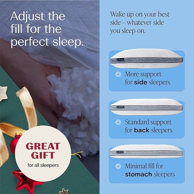DreamyBlue Gusseted Sapphire Pillow β’ Adjustable Loft, Luxury Cover, Shredded Memory Foam Fill w/Cooling Beads β’ Ideal for Wide Shoulders β’ Neutral Alignment for All β’ CertiPUR-US Certified (King)
