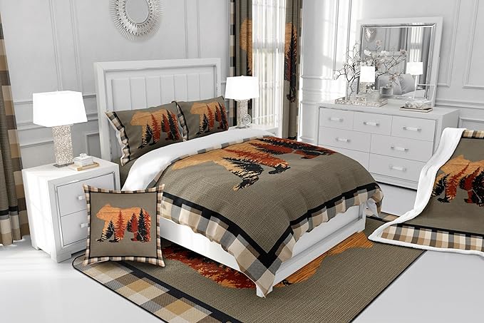 Feelyou Cute Bear Comforter Set Wild Animal Bedding Set for Teens Nature Wildlife Bear Bedding Set Western Farmhouse Orange Grey Duvet Set Room Decor King Size Duvet Set 3Pcs Boys