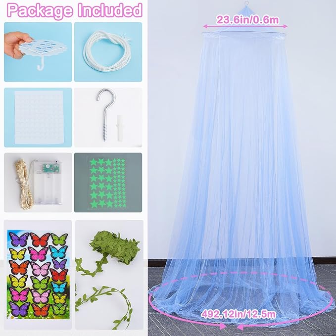 FIOBEE Bed Canopy for Girls Room Bed Canopy Curtains with Led Lights Mosquito Net DIY Princess Room Décor with Stars Butterflies for Kids Bedroom, Blue