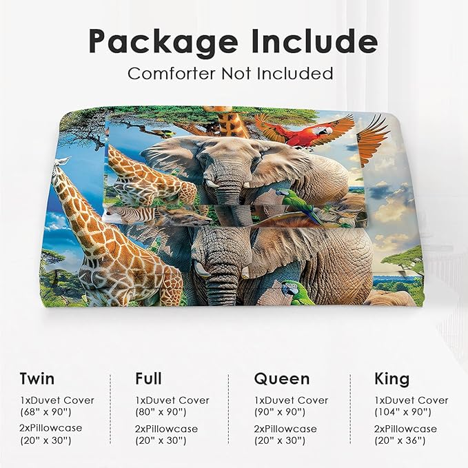 Funny Animals Bedding Set 3 Pieces Soft Lightweight Microfiber Zoo Print Bedspread Coverlet Set Jungle Elephant Giraffe Duvet Cover Twin Full Queen King Comforter Bed Set for Girls Boy Women Men