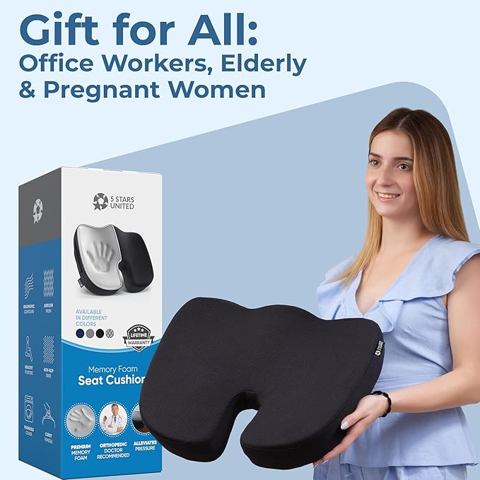 Seat Cushion for Office Chairs - Fits 18"x14" Seats, Tailbone, Coccyx Pain Relief - Butt, Pressure & Sciatica Relief - Gaming, Wheelchair, Car & Desk Pillow, Black