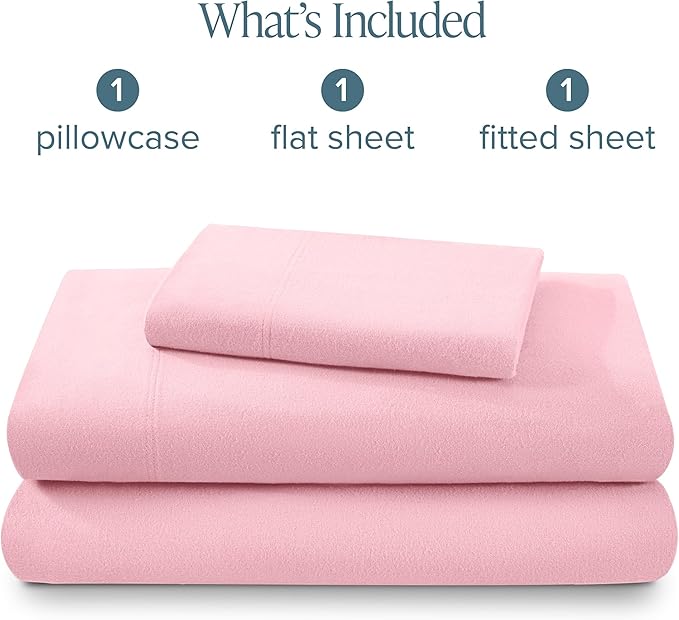 Bare Home Flannel Sheet Set 100% Cotton, Velvety Soft Heavyweight - Double Brushed Flannel - Deep Pocket (Twin, Light Pink)