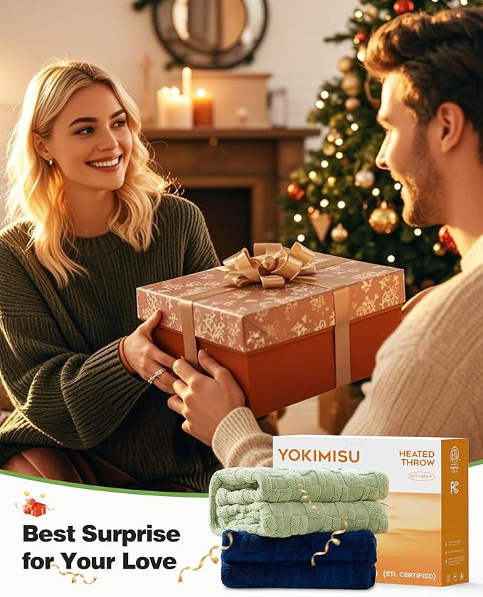 Heated Throw Blanket 50"x60" - 9-Level Fast Heating & 1-10H Timer, Fluffy Plush Blanket with Snap Buttons for Secure Fit, Soft Cozy Gift for Women/Men, for Couch, Bed & Office, Green