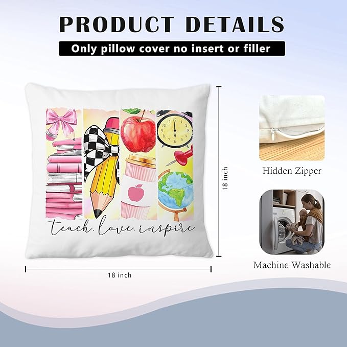 Teacher Appreciation Gifts Pillow Covers 18x18, Back to School Gifts for Teachers, Teacher Gifts First Dat of School, Teach Love Inspire Coquette Pillow Covers for Teachers