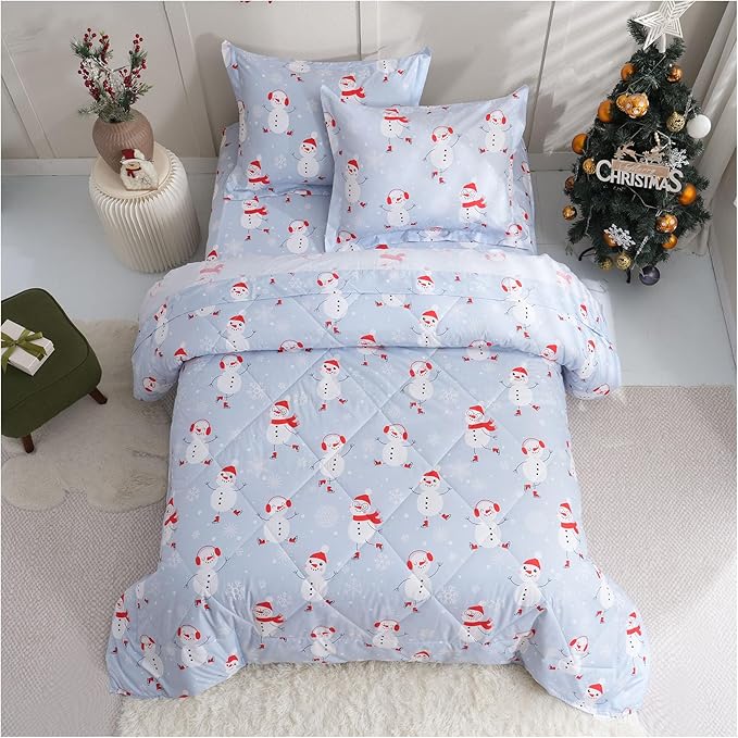 JSD Blue Snowman Kids Comforter Set Full Size, 3 PC Christmas Winter Printed Microfiber Bedding Set for Boys Girls Teens