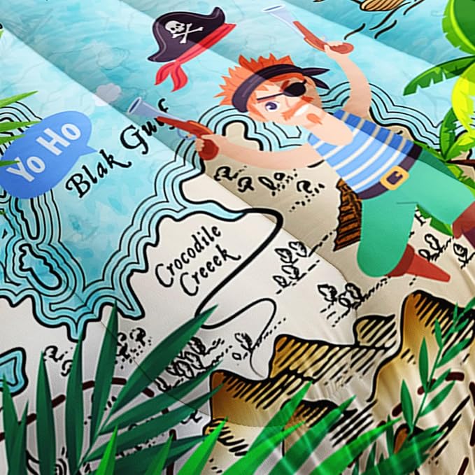 Kids Comforter Set Pirate Ship Printed Pattern Bedding Set with 1 Comforter and 2 Pillowcases for Girls Boys Bedroom All Season(Pirate Ship Full)
