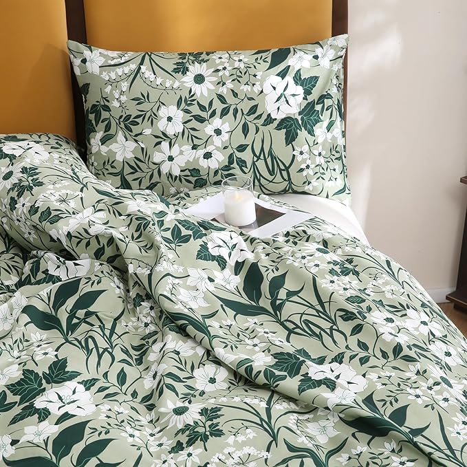 Green Floral Duvet Cover Queen 100% Cotton Decorative Emerald Comforter Cover 3 Pcs Set Dark Green Botanical Duvet Cover with Zipper Ties 2 Pillowcases Tropical Floral Bedding