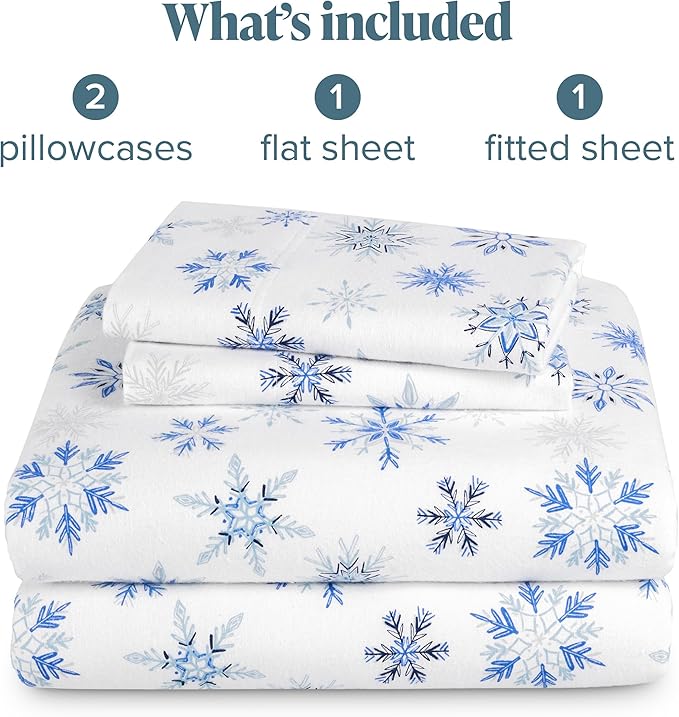 Bare Home Cotton Flannel Sheet Set Prints, 100% Cotton, Velvety Soft Heavyweight - Double Brushed for Softness & Comfort - Deep Pocket - Bed Sheets (Cal King, Snowflakes)