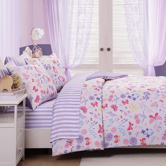 Queen Comforter Sets for Girls, Butterfly Botanical Flowers Bedding Set, All Season Kids Bed in a Bag 7 Pieces with Sheets, Pillowcases & Shams