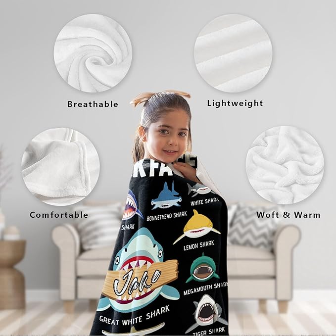 Custom Shark Faces Blankets Gifts for Birthday Son Daughter Brother Friends On Bed Sofa,Personalized Premium Flannel Blankets for Christmas Thanksgiving, All Season Use 40''x 50'' -S