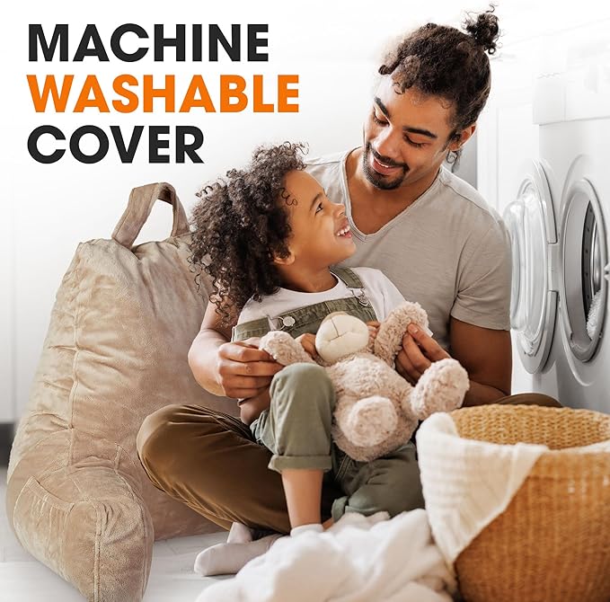 Cheer Collection Reading Pillow with Arms – Portable Bed Pillow for Sitting Up & Support, Hollow Fiber-Filled Back Rest Pillow for Sitting in Bed & Couch, Machine Washable, Taupe (Small)