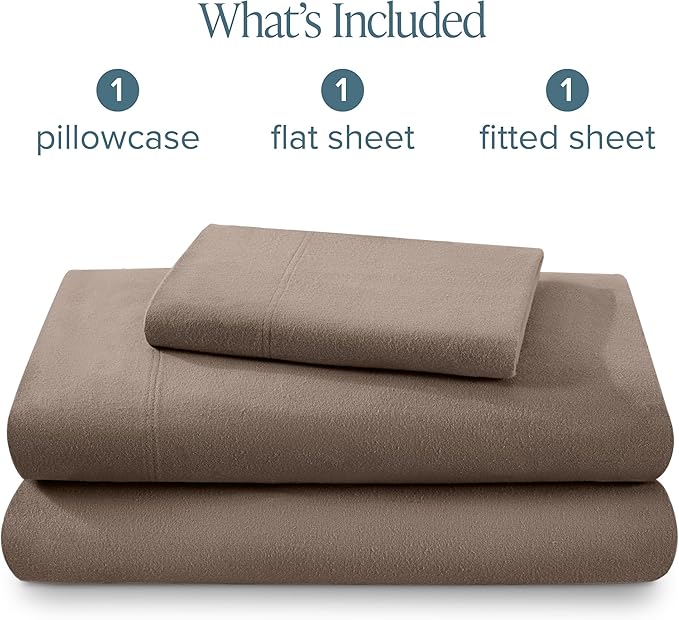 Bare Home Flannel Sheet Set 100% Cotton, Velvety Soft Heavyweight - Double Brushed Flannel - Deep Pocket (Twin, Taupe)