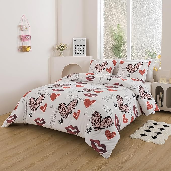 Caressma Heart Print Comforter Set Full Size, Lips Love Print Teens Romantic Comforter Sets for Girls, Red and Leopard Sexy Heart Pattern Bedding Comforter Set for Valentine's Day