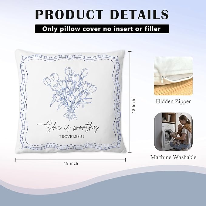 Proverbs 31 Christian Pillow Covers 18x18, Christian Gifts for Women Teen Girls, Blue Tulip Floral Bible Verse Scripture Throw Pillow Covers for Girls Room Dorm, Proverbs 31 Woman Gifts
