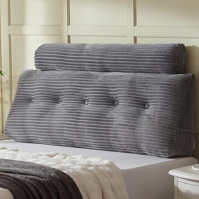 Headboard Wedge Pillow + A Long Neck Roll Pillow Body Pillow,Large Headboard Pillow with Removable Cover (Gray, Queen:59x8x20 inches)