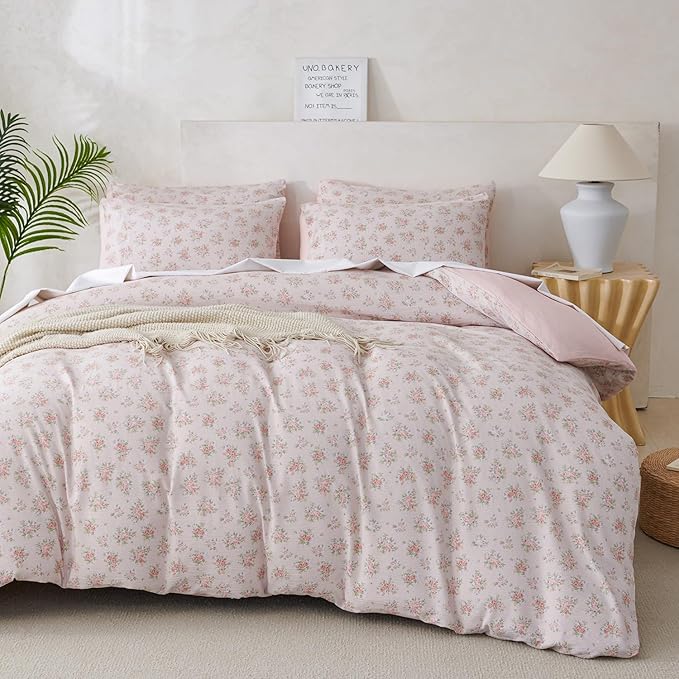King Size Duvet Cover Floral Luxury Soft Brushed Microfiber Crinkle Gauze Fabric 3 Pieces Bedding Set Flower Pattern Duvet Cover King with Zipper Closure Breathable Comfy
