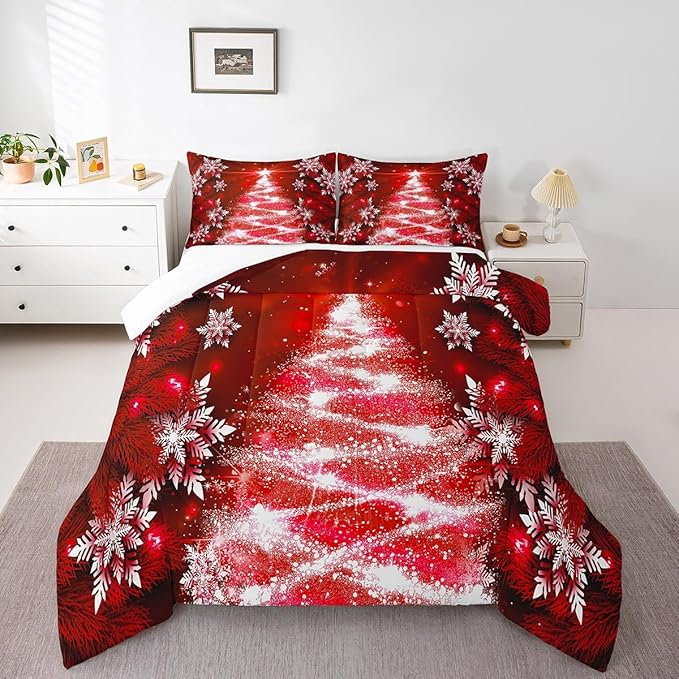 Feelyou Christmas Tree Comforter Set for Children Kids Boys Girls Luxury Chic Xmas Theme Bedding Set Glitter Snowflake Star Comforter Microfiber Red Duvet Set Room Decor Quilt Set Full Size