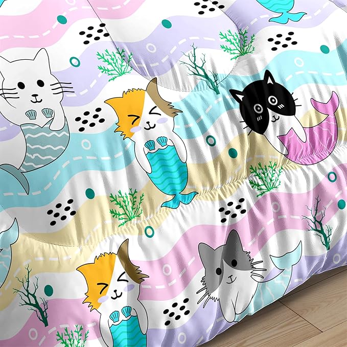 Girls Cat Bedding Set - Queen Size, 3Pcs Cute Cartoon Mermaid Tail Cat Patterns Comforter Set for Girls Boys Kids Bedroom Decor, 1 Comforter 2 Pillow Cases