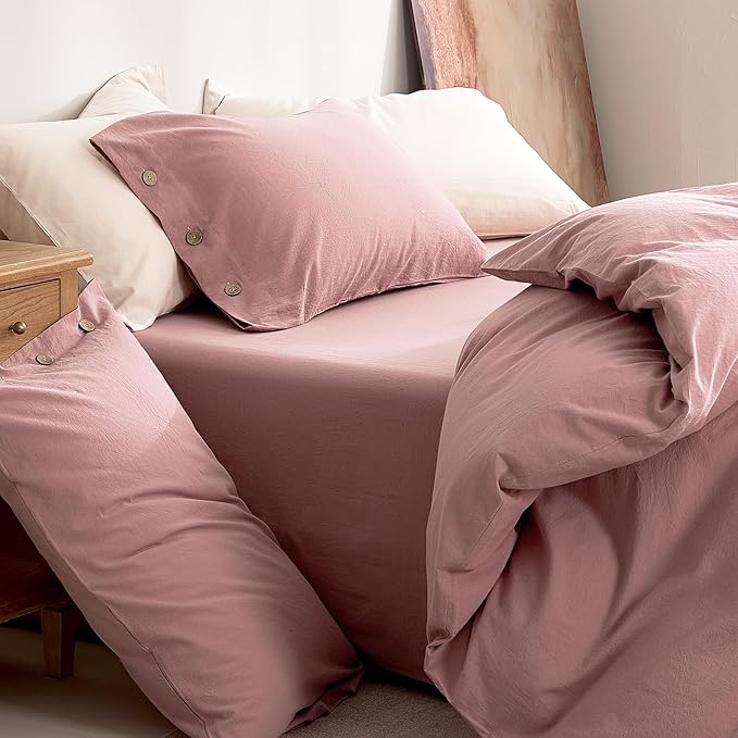 JELLYMONI 100% Washed Cotton Duvet Cover Twin – Soft, Breathable Linen-Look Bedding with Natural Wrinkle Texture, Button Closure, 3-Piece Set (Darker Rose, 68"x90")