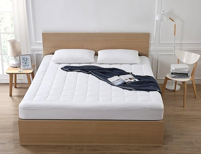 Full Mattress Pad Cover Pillow Top with Stretches to 18” Deep Pocket Fits Up to 8”-21” Cooling White Bed Topper (Down Alternative, Full Size)