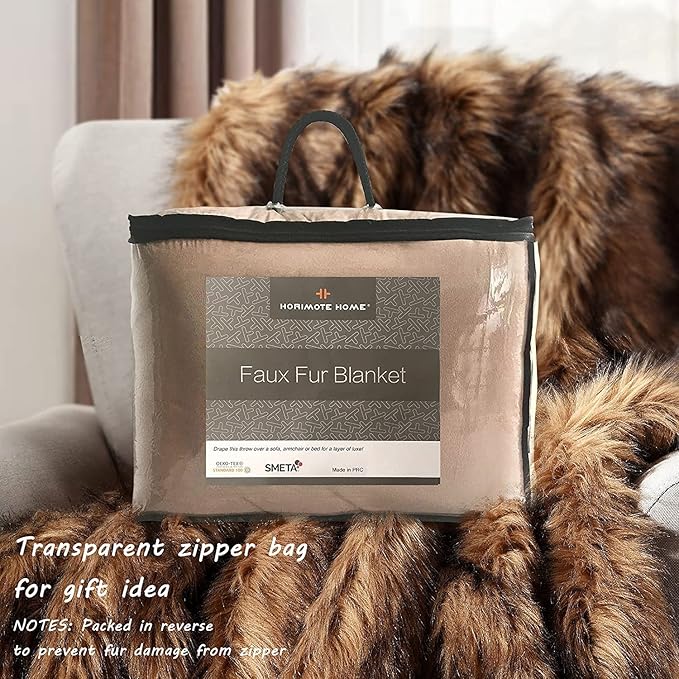 Luxury Plush Faux Fur Blanket Queen Size, Long Pile Brown with Black Tips, Oversized Super Warm, Fuzzy, Elegant, Fluffy Decoration Throw Blanket for Sofa, Armchair, Couch and Bed, 90"x90"
