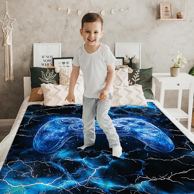 Boys Throw Blanket Gamer Blanket for Boys 1-3 Gift for Game Lovers, Blue Fuzzy Cozy Soft Flannel 40 x 30 Inches Throws for Sofa Office Trip Chair