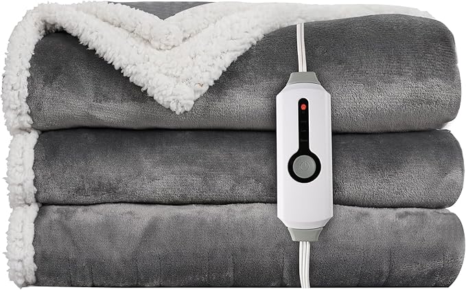 Electric Heated Blanket Throw - 50"x60", Soft Flannel Heating Blanket, 4 Heating Levels, 3H Auto Shut Off, Breathable Warm and Washable for Sofa, Light Grey