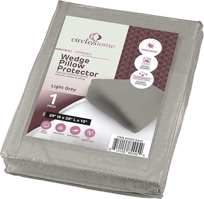 CirclesHome Wedge Pillow Cover 100% Cotton, Zippered Wedge Pillow Case Protector, Soft, Hypoallergenic & Breathable - Light Grey, (25Wx26Lx10)