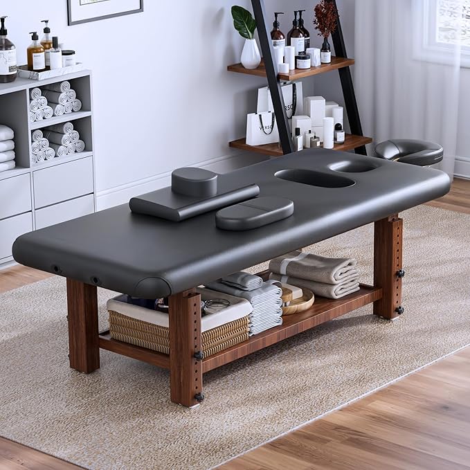 Olela Wood Adjustable Massage Table, Stationary Massage Tables with Adjustable Height Legs & Storage, Esthetician Bed with C-Shaped Pillow & PU Leather for Spa, Massage, Physical Therapy, Treatment