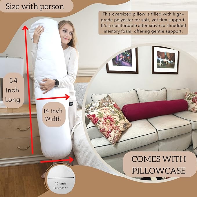 King Size Extra Long Round Body Pillow - 54x12 Bolster Pillow for Bed Extra Soft Body Pillow with Removable Pillowcase, Maternity Pillow - Red