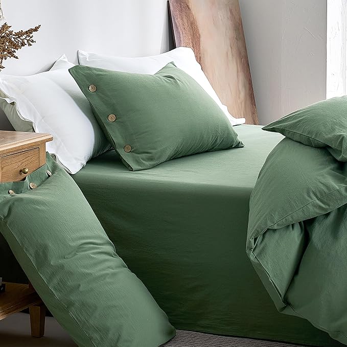 JELLYMONI 100% Washed Cotton Duvet Cover Twin – Soft, Breathable Linen-Look Bedding with Natural Wrinkle Texture, Button Closure, 3-Piece Set (Dusty Green, 68"x90")