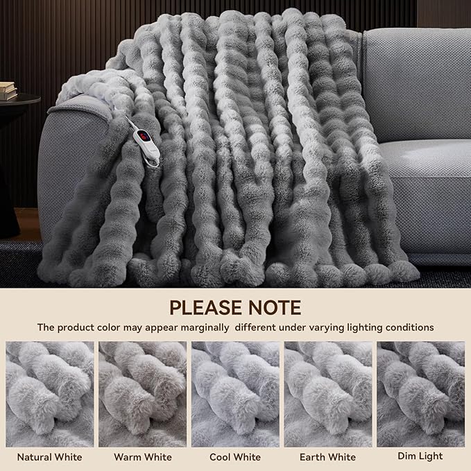 Heated Blanket Queen Size with 1/2/4/6/8 Hours Auto-Off 10 Heat Level, 72'' * 84'' Cozy Faux Rabbit Fur Bubble Electric Blanket with Overheat Protection(Light Grey)