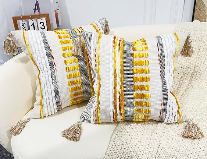 Boho Throw Pillow Covers 18x18 Aesthetic Neutral Boucle Couch Pillow Cover Rainbow Striped Decorative Accent Pillow Case for Couch Bed Sofa Farmhouse Bedroom,Modern Funky,Set of 2 Yellow