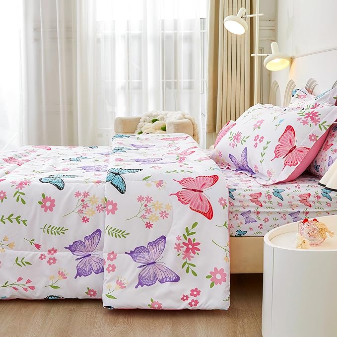 Mooreeke Twin Size Comforter Sets for Girls Kids, 6 Pieces Bed in a Bag Flower Butterfly Bedding Comforter Sheet Set with Shams and Decorative Toy Pillow, Ultral Soft Microfiber Kids Bed Set