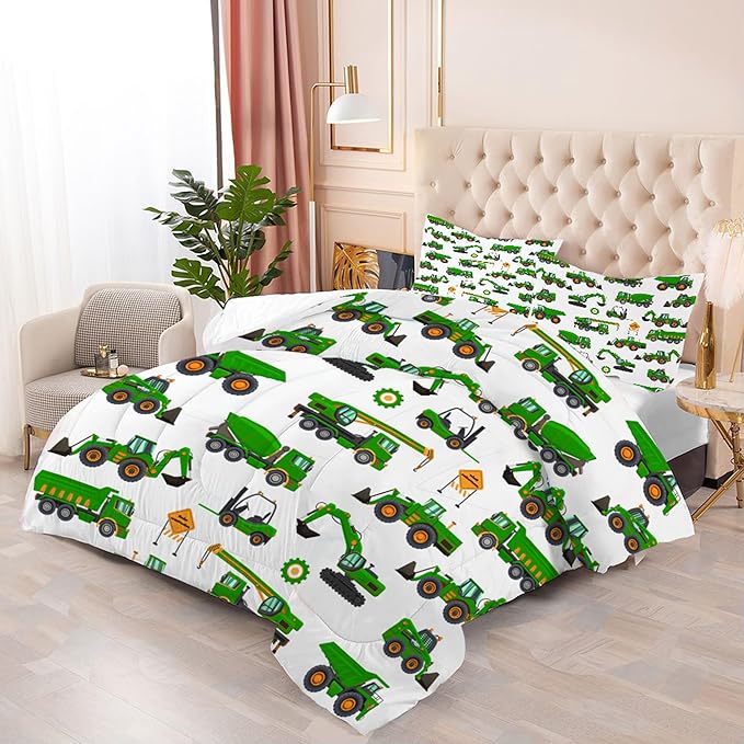 Comforter Set Green Tractor: Queen Size Cartoon Excavator Truck Car Bedding Sets for Boys Kids Teens Toddler Construction Vehicles Quilt Bed Set with 1 Comforter & 2 Pillowcases