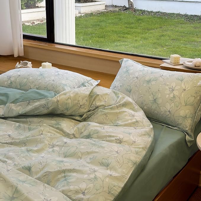 AOJIM Aesthetic Floral Printed Duvet Cover Set for Room Decor, Green Pure Cotton Comforter Cover Set 3pcs for Kids Adults, 1 Soft AB-Sided Quilt Cover Queen Size and 2 Matching Pillowcases, No Quilt
