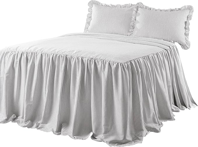 Lush Decor Ticking Stripe Bedspread Gray Vintage Chic Farmhouse Style Lightweight 3 Piece Set, Full