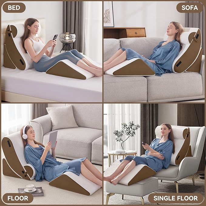 Wedge Pillow Set for After Surgery, 4 PCS Bed Wedge Pillow for Sleeping, Memory Foam Orthopedic Back Pillow for Pain Relief and Acid Reflux, Adjustable Post Surgery Pillow Brown