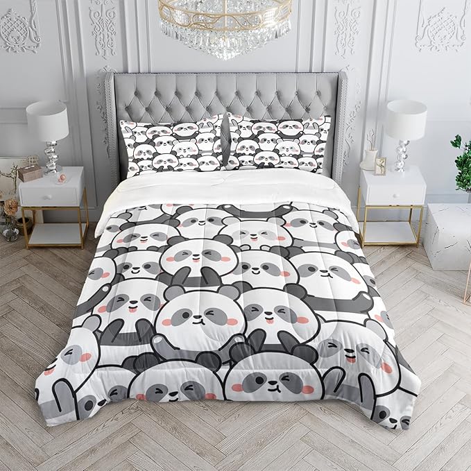 Kawaii Cartoon Black White Panda Bedding Animal Themed Comforter 3Pcs Full Bear Pattern Bedding Set for Kids Teens Girls Boys Bed Decor Emoticon Panda Quilt with 1 Comforter and 2 Pillowcases