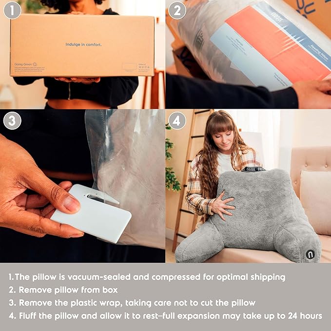Nestl Fur Reading Pillow with Laptop Lap Desk, Stylish Back Pillow for Sitting Up, Lap Desk with Reading Pillows for Sitting in Bed Adult & Kids, Faux Fur Chair Pillow with Arms - Grey
