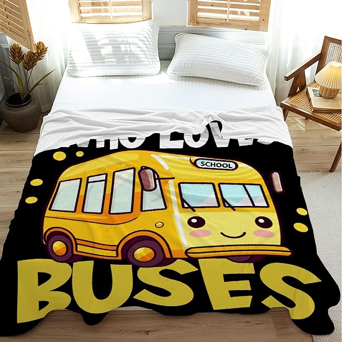 Khumbhira Funny Yellow School Bus Blanket Just A Boy Who Loves Buses Blanket for Boys Kids Warm Plush Lightweight School Buses Throw Blanket for Couch Sofa Bed All Season Use 60"x80"-L