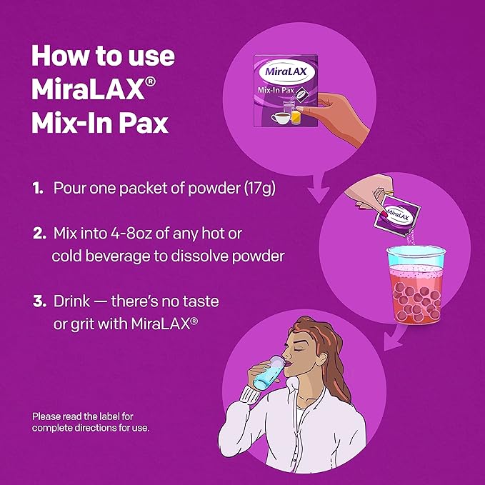 MiraLAX Gentle Constipation Relief Laxative Powder, Stool Softener with PEG 3350, No Harsh Side Effects, Single Dose Mix-In Pax with Mixing Stirrers, Travel Pack, 10 Dose