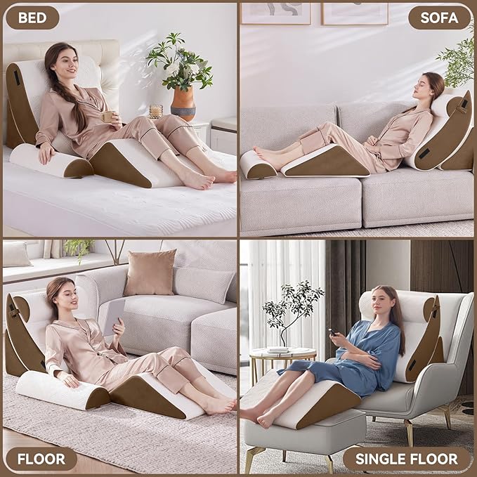 Wedge Pillow Set for After Surgery, 5 PCS Bed Wedge Pillow for Sleeping, Memory Foam Orthopedic Back Adjustable Pillow for Pain Relief and Acid Reflux with 2 PCS Axilla Pillow Brown