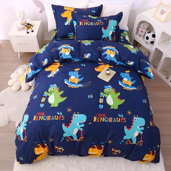 JSD Sports Dinosaur Kids Duvet Cover Set Full Size, 3 Piece Cute Printed Microfiber Comforter Cover with Pillow Shams Zipper Closure, Comforter Not Included