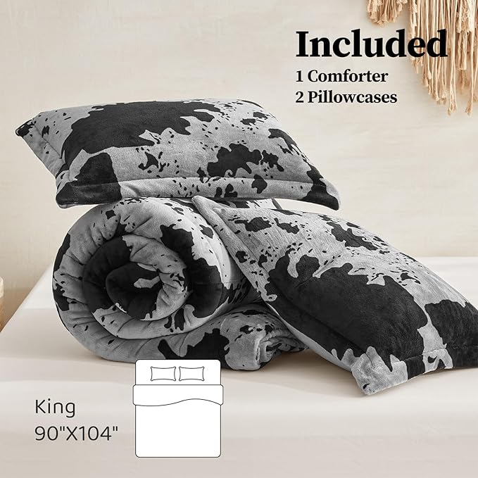 Petrichor Velvet Flannel King Comforter Set-Cow Print Western Style Blanket,Luxury Fuzzy Heavy Bedding Set, 3 Pieces Plush Winter Bed Set with Comforter (90"x104") & 2 Pillow Shams (20"x36"